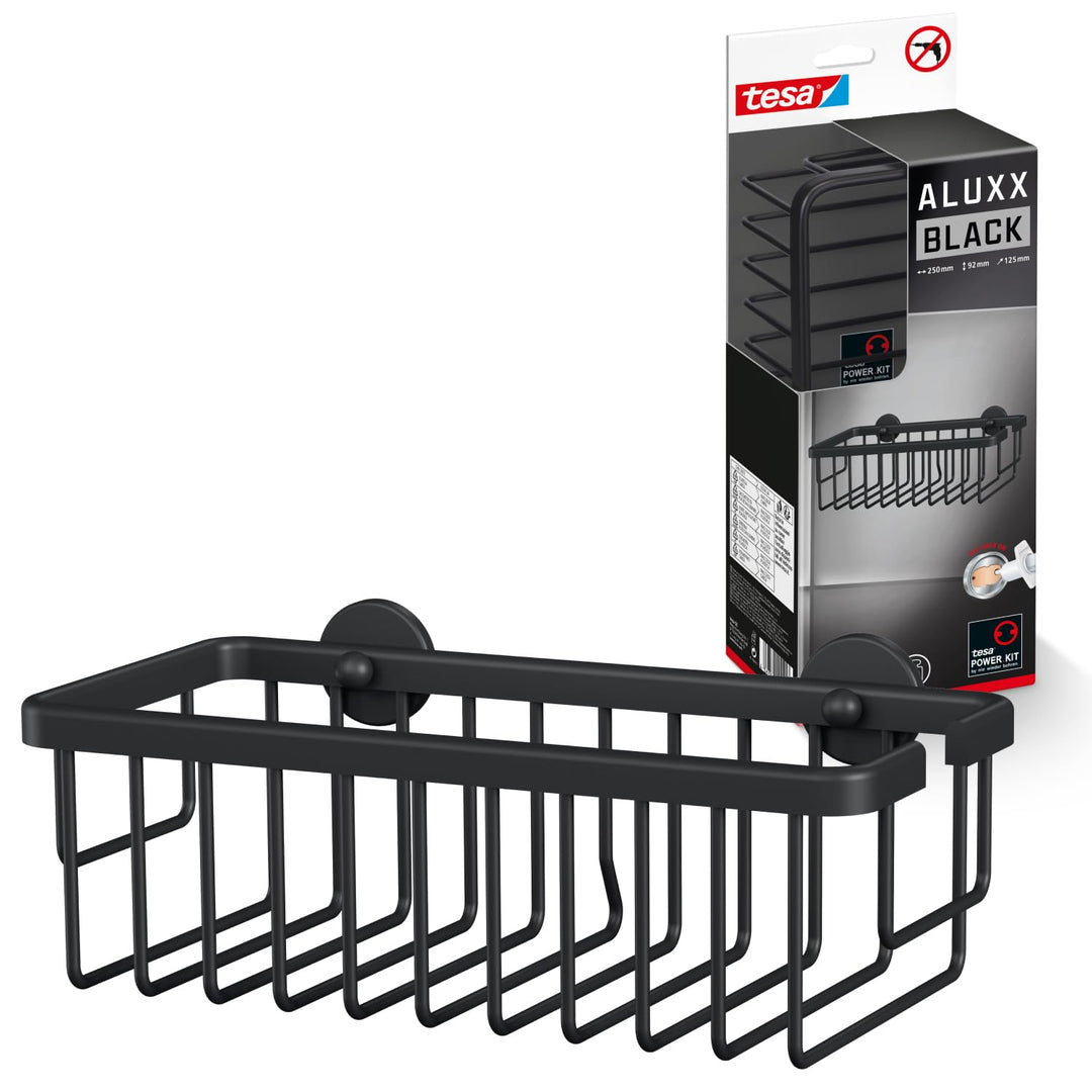 tesa ALUXX BLACK Duschablage zur Wandmontage ohne Bohren, schwarz matt - einstöckig und extra tief -