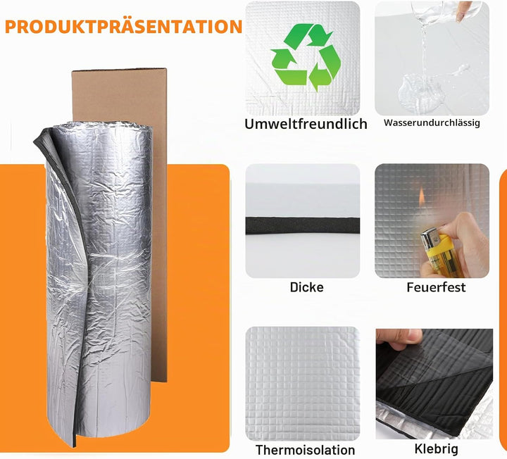 Baketron Dämmmatte mit Aluminiumfolie Selbstklebend 10mm Schallschutzmatte Feuchtigkeitsfest, Feuerf
