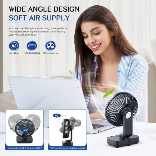 Tischventilator Leise Automatisch Oszillierend, 4000mAh Akku USB 5 Geschwindigkeiten LED-Digitalanze