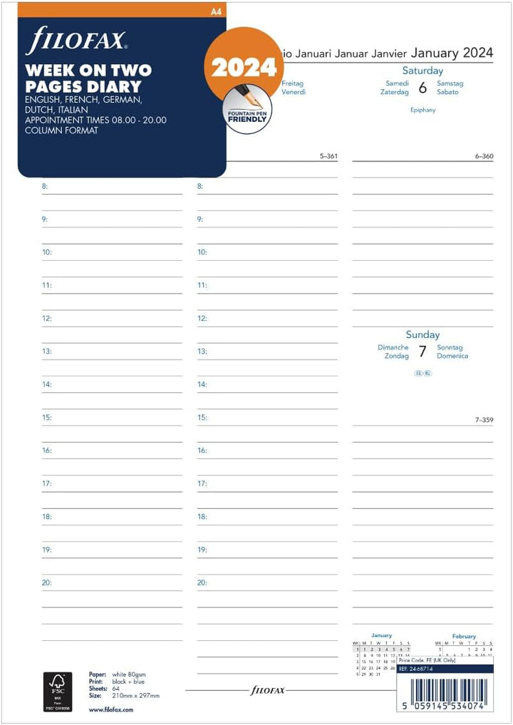 Filofax A4 Woche auf zwei Seiten 5 Sprachen Termine 2024 Terminplaner