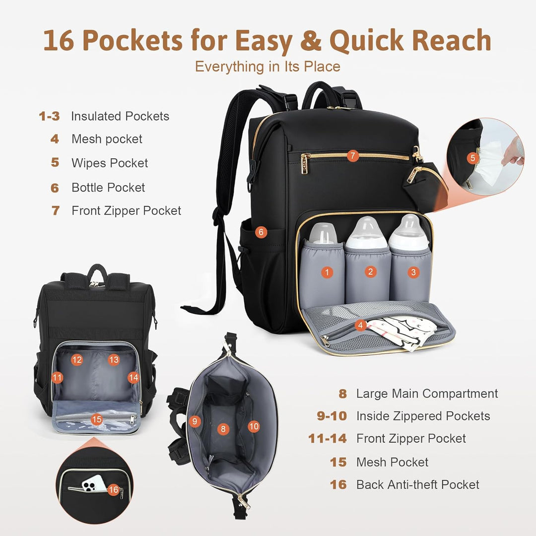 Lekesky Wickelrucksack Gross, Baby Wickeltasche Rucksack mit Wickelunterlage & Kinderwagengurten, Mu