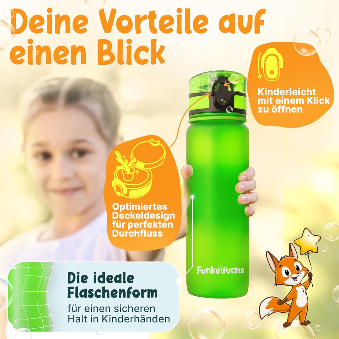 Funkelfuchs® - Trinkflasche für Kinder – 500ml, Grün – Kohlensäure geeignet - 100% auslaufsicher - W