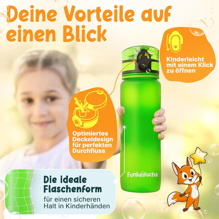 Funkelfuchs® - Trinkflasche für Kinder – 500ml, Grün – Kohlensäure geeignet - 100% auslaufsicher - W