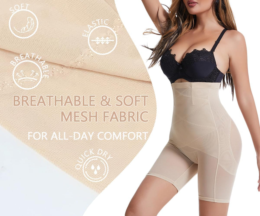 Damen Bauchweg Miederpants Shapewear Hohe Taille Unterhose mit Bein Figurformende Miederhose Stark F