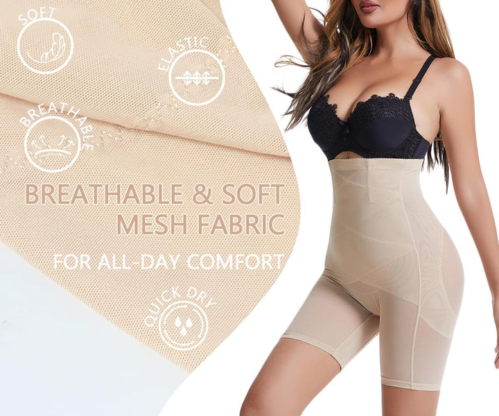 Damen Bauchweg Miederpants Shapewear Hohe Taille Unterhose mit Bein Figurformende Miederhose Stark F