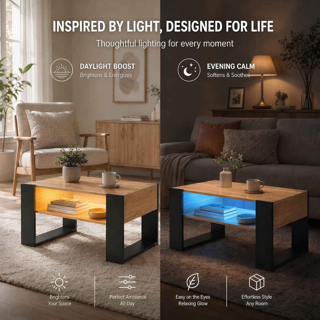Couchtisch mit LED-Beleuchtung und Stauraum, Wohnzimmertisch Holz, Moderner Sofatisch mit U-förmigen