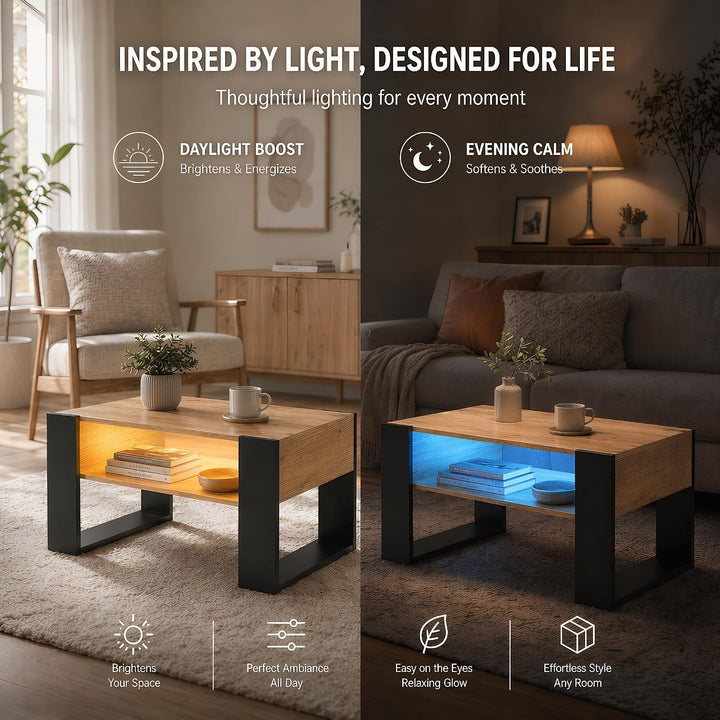 Couchtisch mit LED-Beleuchtung und Stauraum, Wohnzimmertisch Holz, Moderner Sofatisch mit U-förmigen