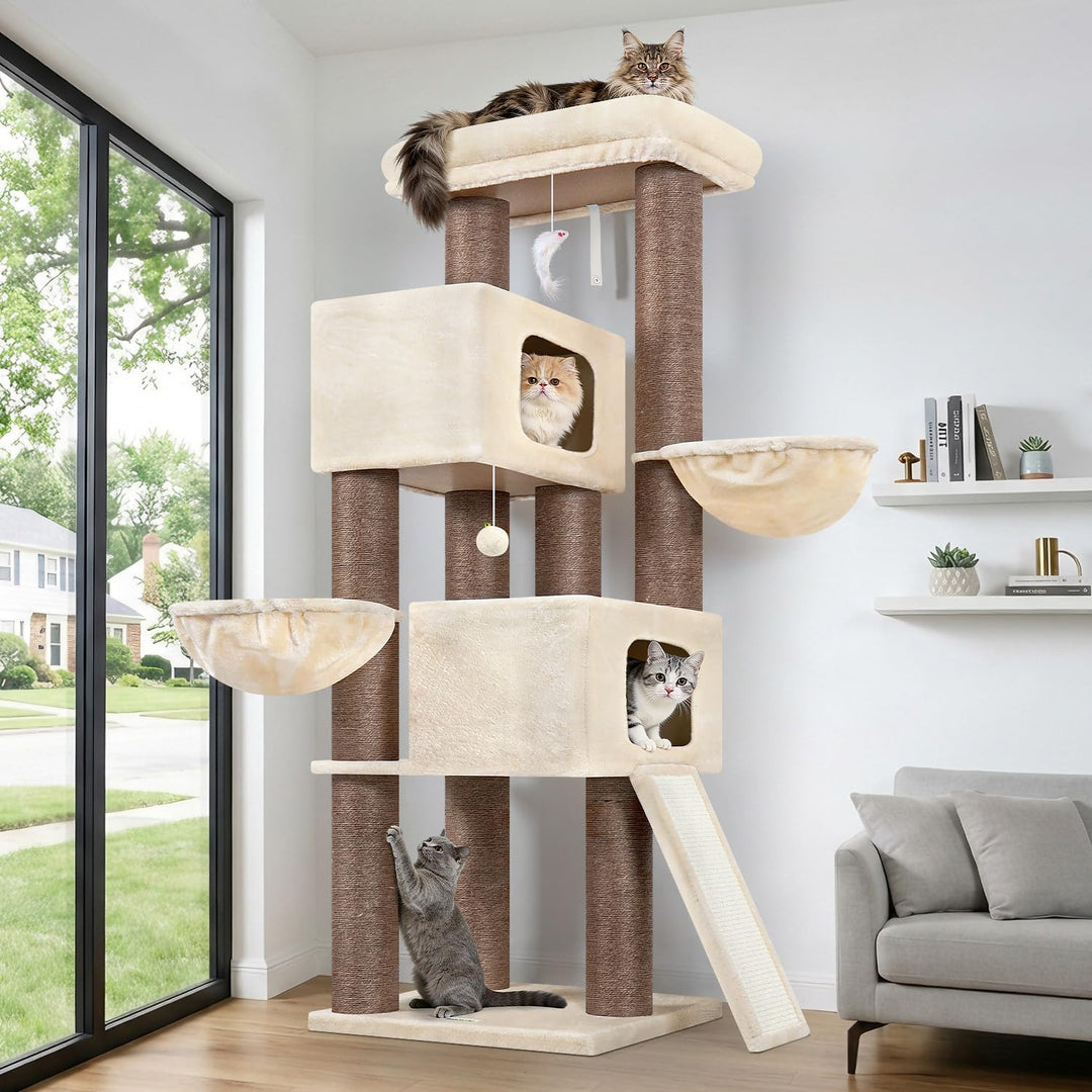 Globlazer Beige Kratzbaum Dicke Stämme 11CM für Grosse Katzen mit 2 Extragross Katzenhaus 50*35*30cm