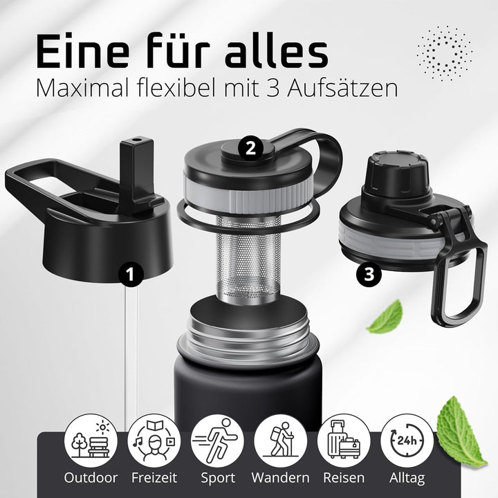 Trinkflasche Edelstahl ACTIVE FLASK + Strohhalm (3 Deckel) BPA-frei, Auslaufsicher, Kohlensäure geei