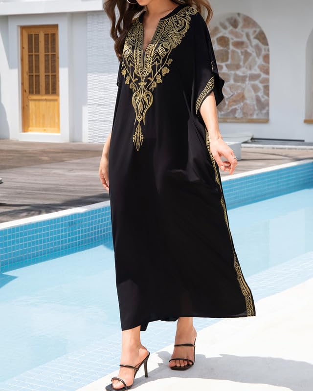 Bsubseach Damen Stickerei Kurzarm Bikini Strandkleid Side Split Beach Kaftan Kleid Goldstickerei, Go