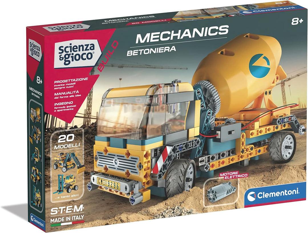 Clementoni 19296 Wissenschaft und Spiel Build – LKW Betonmischer – Bauset für Kinder, mechanisches L