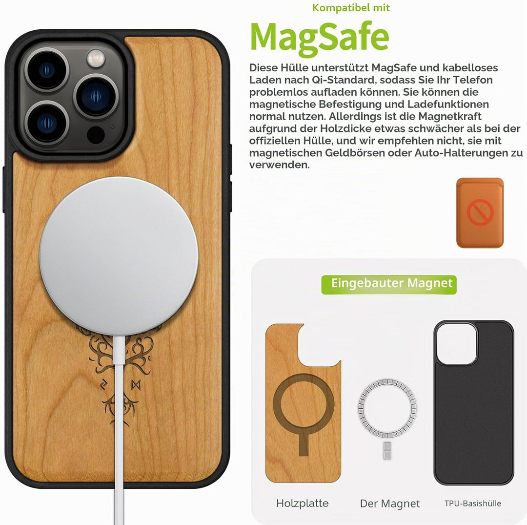 Carveit Holz Cover für iPhone 15 Pro Max hülle, Kompatibel mit Magsafe Silikon Stossfeste Cover, Mag