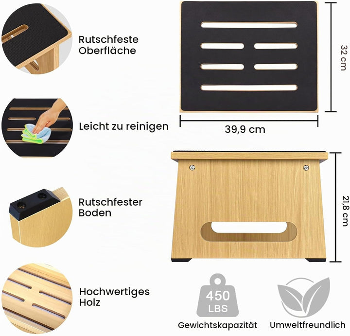 EIN hölzerner Tritthocker für Erwachsene und Senioren mit Rutschfester Gummiauflage, für drinnen und