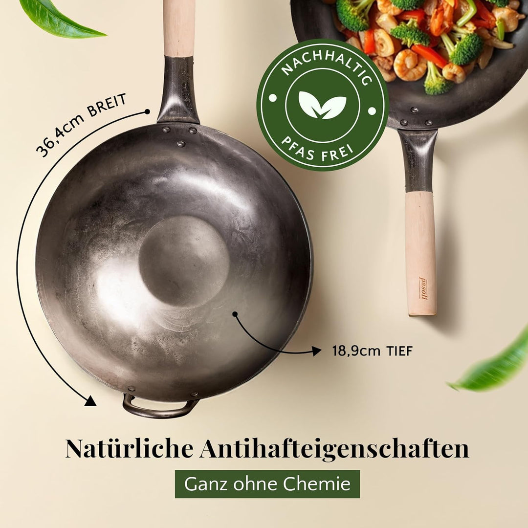 pasoli handgehämmerter Wok inkl. gratis Rezepte eBook - traditionelle Asiapfanne - Bratwok aus Carbo