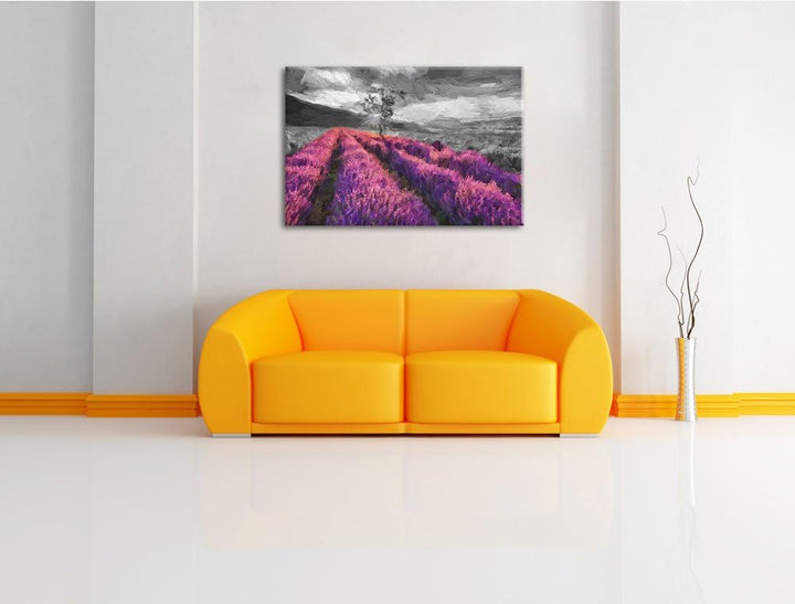 herrliches Lavendelfeld mit einsamen Baum Format: 100x70 auf Leinwand, XXL riesige Bilder fertig ger