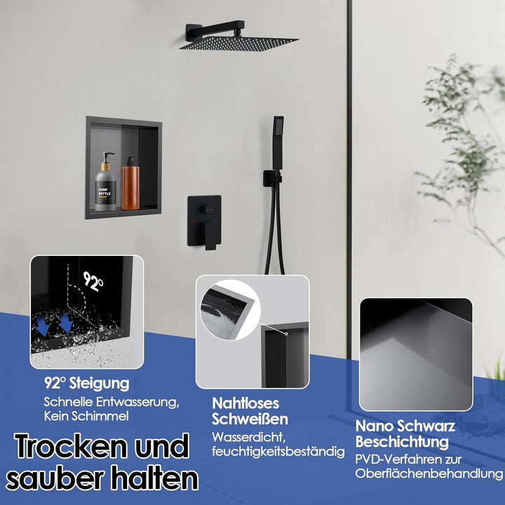 ROVOGO 30x30x10cm Nano Schwarz Wandnische Dusche Edelstahl, Eingebettete Duschnische Einzelregal Lag