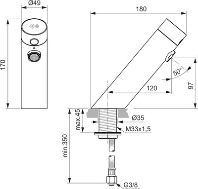 Ideal Standard A7556AA Sensorflow Sensor-Waschtischarmatur Kaltwasser Batterie Chrom, Kaltwasser Bat
