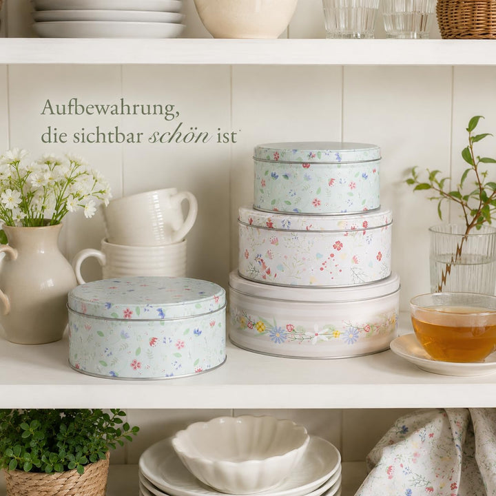 MIJOMA Keksdosen-Set – 3er-Set Metalldosen mit Deckel – Motiv Flowers | runde Dosen mit Motiv – stap