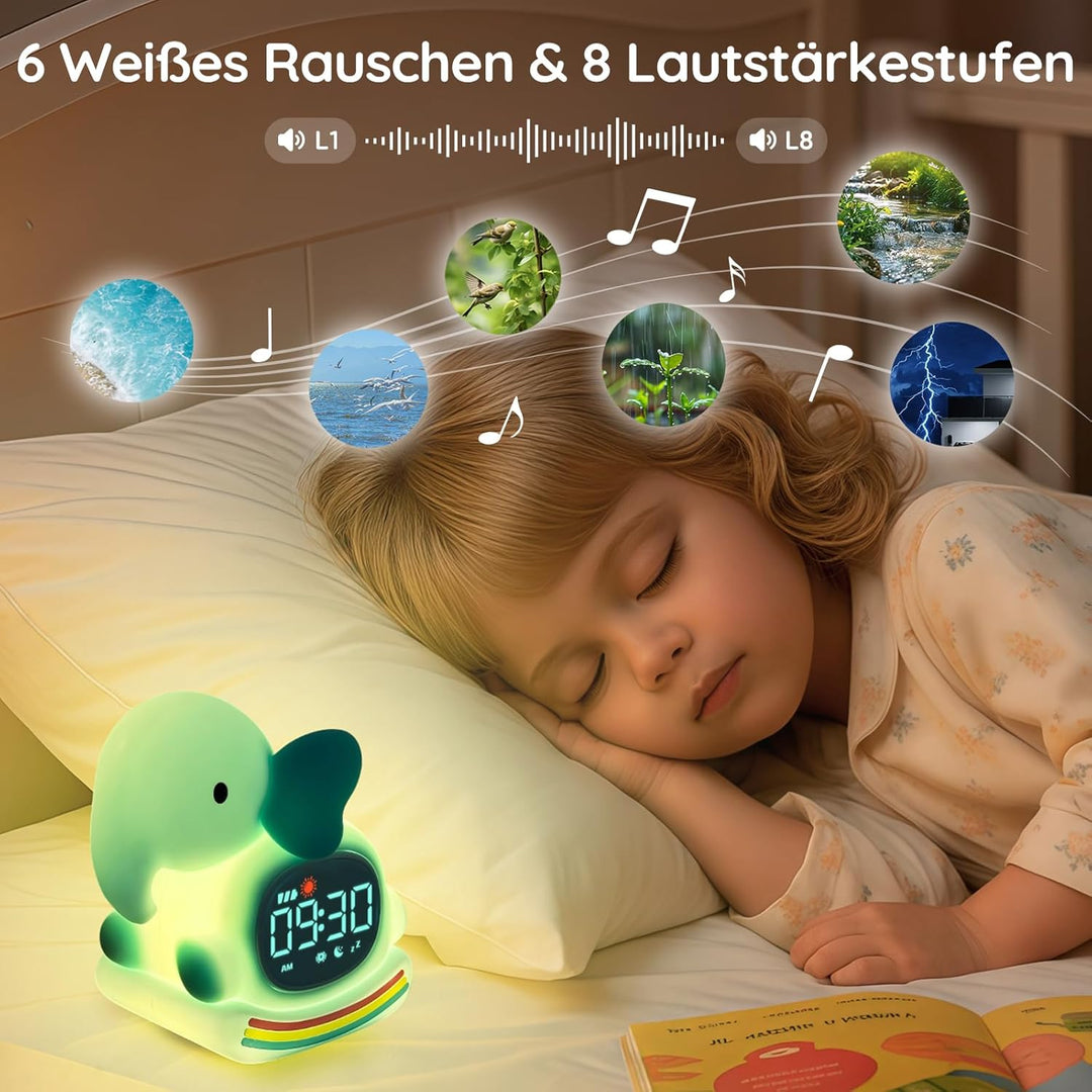 Yiliaw Grüner Elefant Kinderwecker mit Nachtlicht – Schlaftrainer & Aufwachuhr, wiederaufladbare Sil