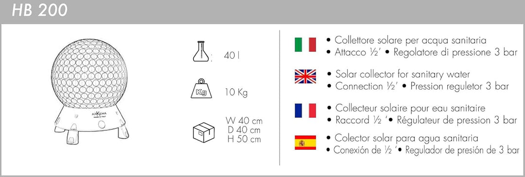 Arkema Design HB200 Hot Ball Solar-Warmwasserkollektor aus Aluminium und Kunstharz, schwarz