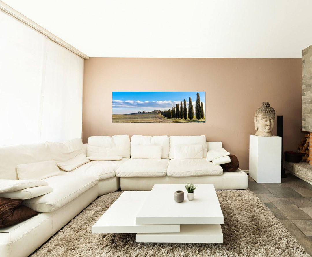 Paul Sinus Art Panoramabild auf Leinwand und Keilrahmen 120x40cm Italien Toskana Landschaft Zypresse