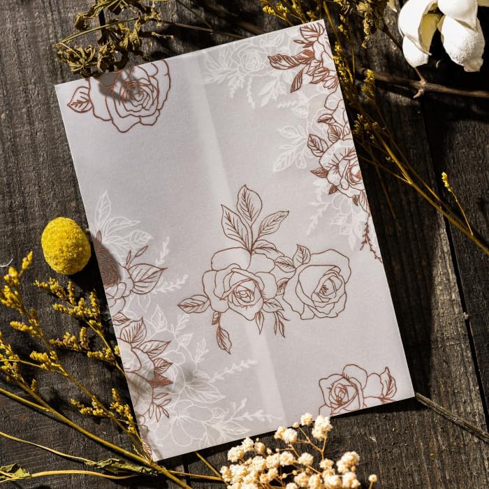 Puremigo 50 Stück vorgefaltete Pergamentumhüllen für 12,7 x 17,8 cm Einladungen – Rotgoldfolienmuste
