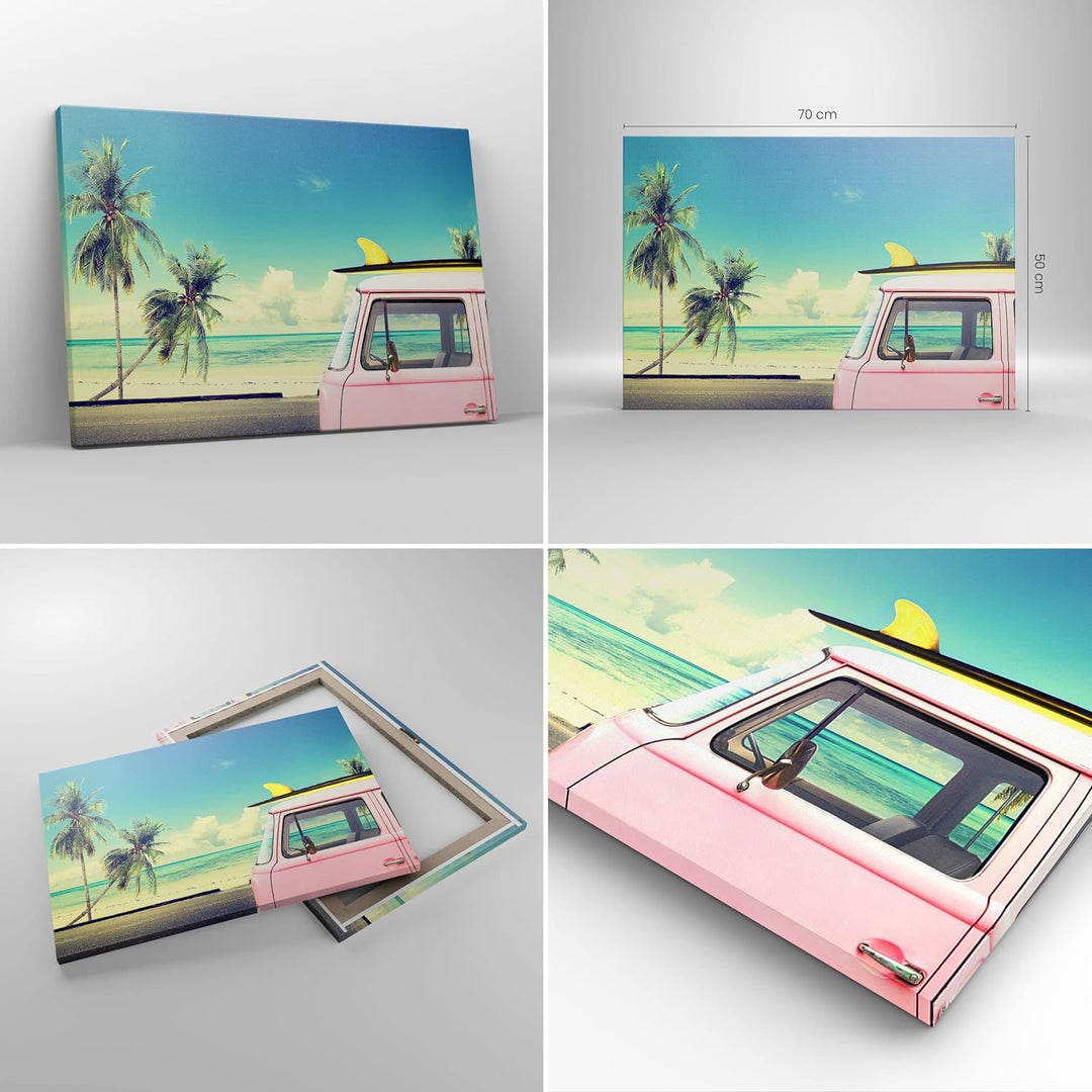 Bilder auf Leinwand Auto Surfbrett Strand Ozean Leinwandbild 70x50cm Wandbilder Dekoration Wohnzimme