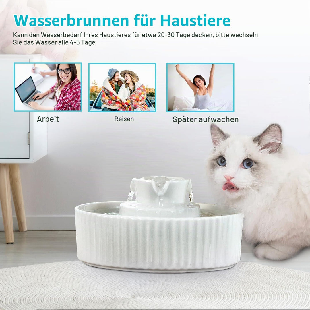 Katzenbrunnen Keramik, 2.1L Trinkbrunnen für Katze Keramik, Leise Wasserspender Wasserpumpe mit Baum