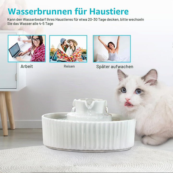 Katzenbrunnen Keramik, 2.1L Trinkbrunnen für Katze Keramik, Leise Wasserspender Wasserpumpe mit Baum