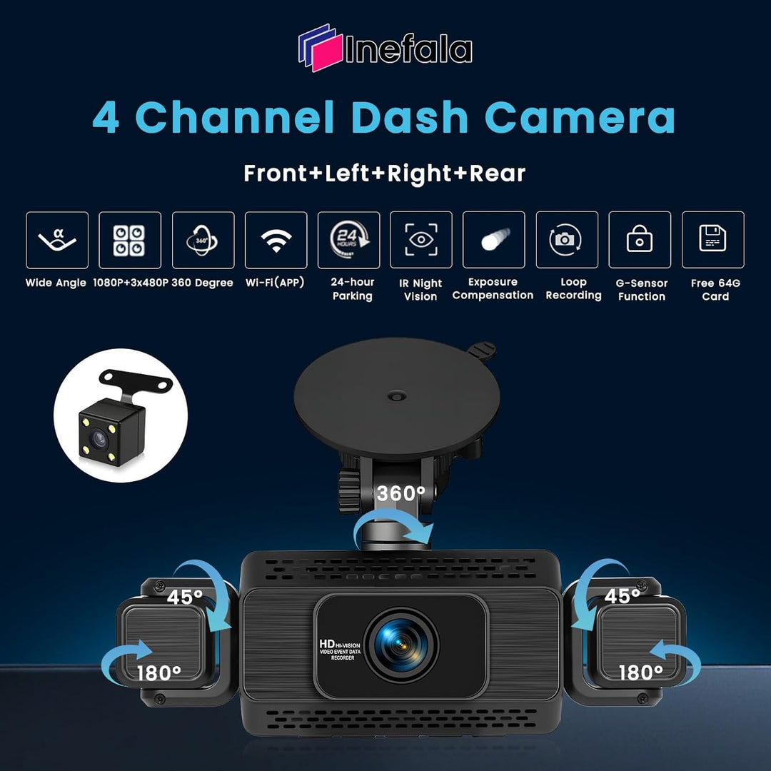 WiFi Dashcam Auto 4 Kanal, 360 Grad Dashcam FHD Vorne Hinten Innen Links und Rechts –Loop-Aufnahme,