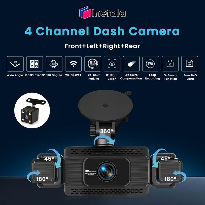 WiFi Dashcam Auto 4 Kanal, 360 Grad Dashcam FHD Vorne Hinten Innen Links und Rechts –Loop-Aufnahme,