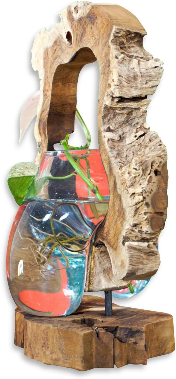 Kinaree Geschmolzenes Glas auf Wurzelholz - Glasschale auf Wurzel - Teak Holz mit Glasvase oder Scha