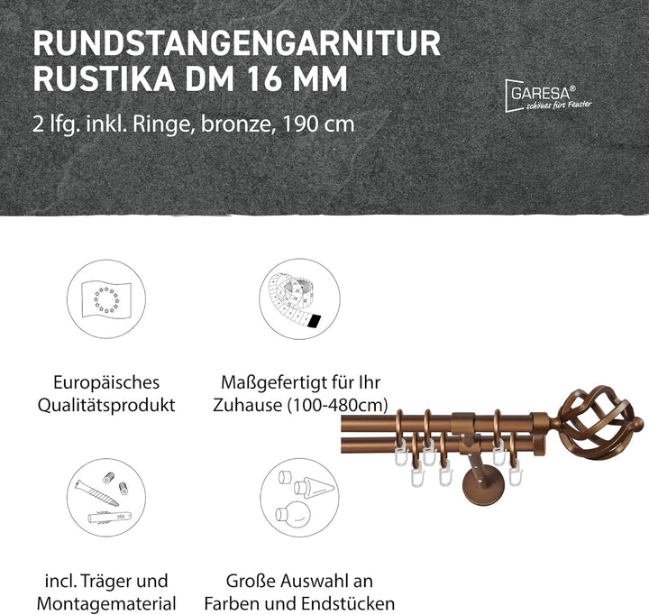 Garesa Gardinenstange Rustika Ø 16mm, 2-läufig, Bronze I Rustikale Vorhangstange aus Metall inkl. Ri