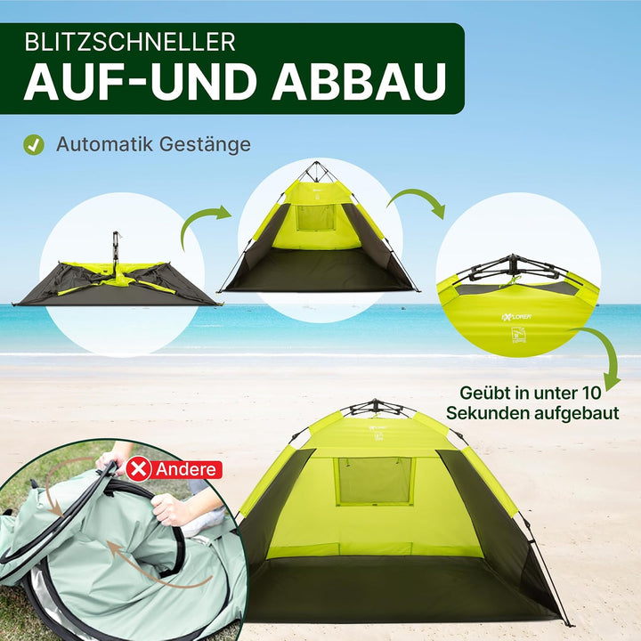 EXPLORER XXL Automatik Strandmuschel mit UV Schutz 80+ [220x150x130cm] kleines Packmass leicht und s