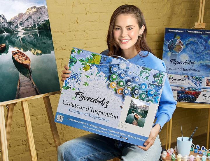 Figured'Art Malen Nach Zahlen Erwachsene Mit Rahmen Boot und Gebirgssee - Paint by Numbers Basteln D