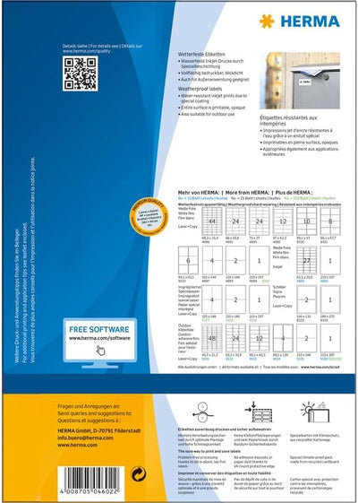 HERMA 4602 Wetterfeste Folienetiketten für Inkjet Drucker, 40 Blatt, 210 x 297 mm, 1 Stück pro A4 Bo