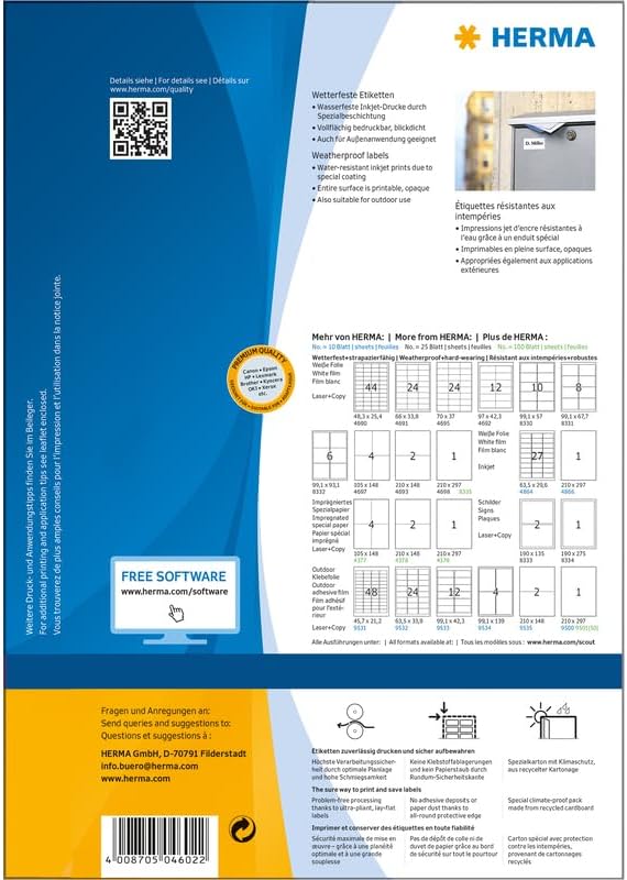 HERMA 4602 Wetterfeste Folienetiketten für Inkjet Drucker, 40 Blatt, 210 x 297 mm, 1 Stück pro A4 Bo