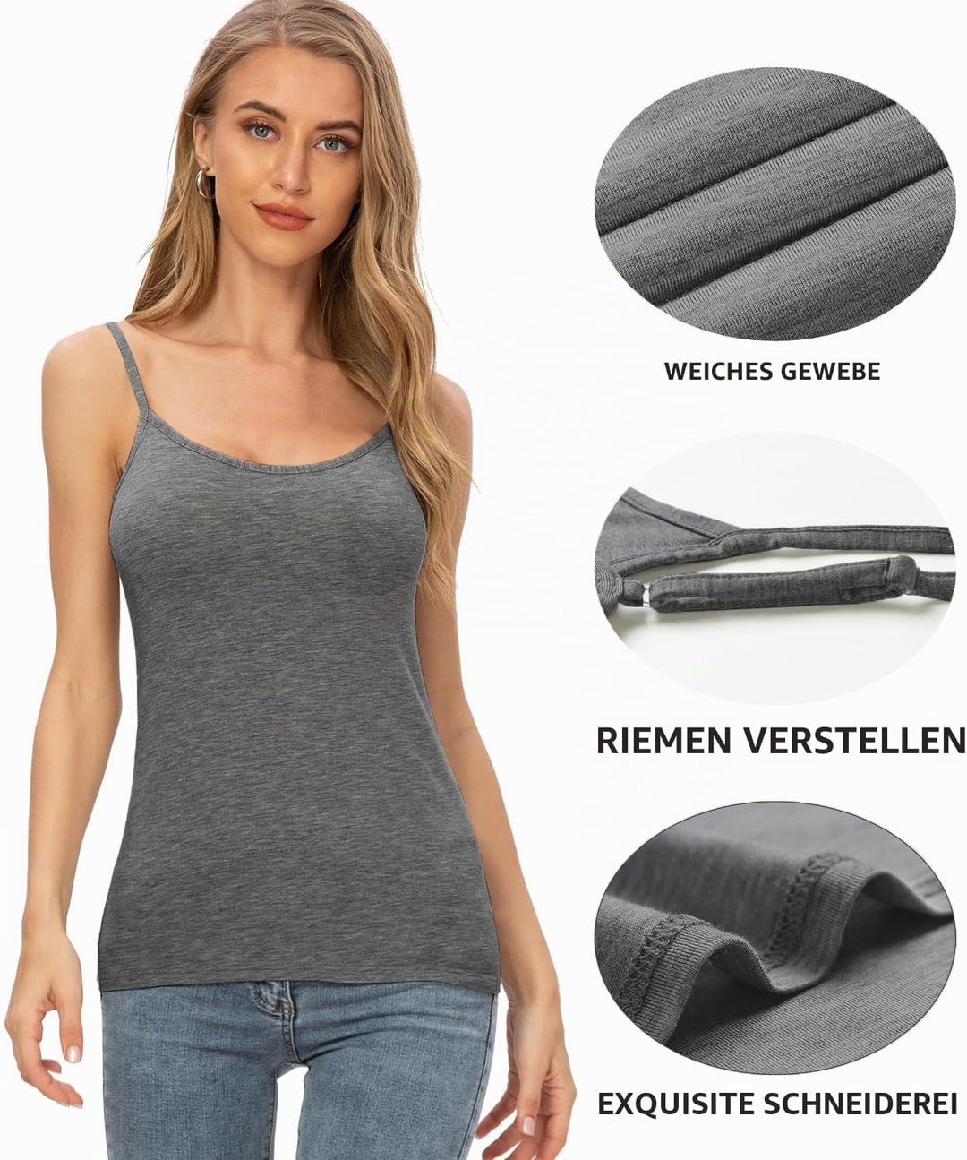 Knuffnee Damen Unterhemden Verstellbare Spaghetti Tops Basic Cami Tank Top 4er Pack L Schwarz/Dunkel