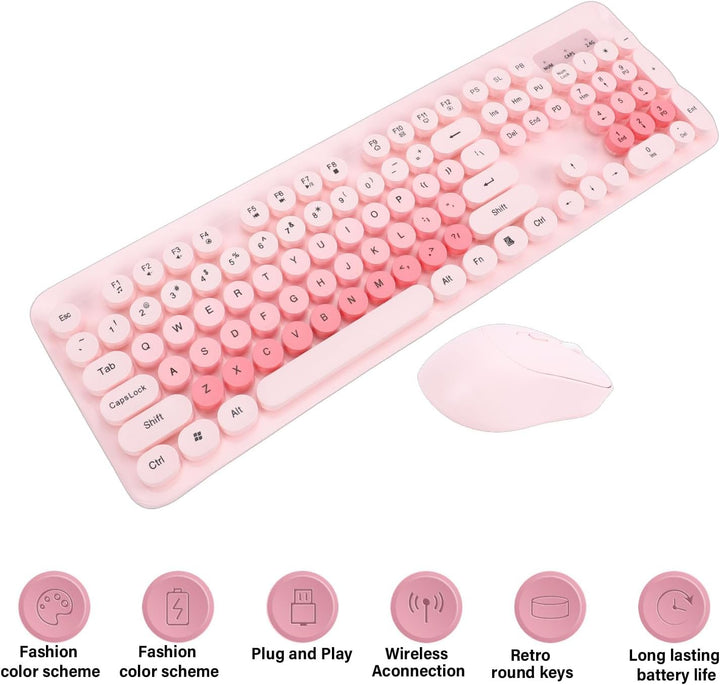 Kabellose Tastatur- und Maus-Kombination, 2,4 GHz Retro-Schreibmaschinenstil mit Runden Tastenkappen
