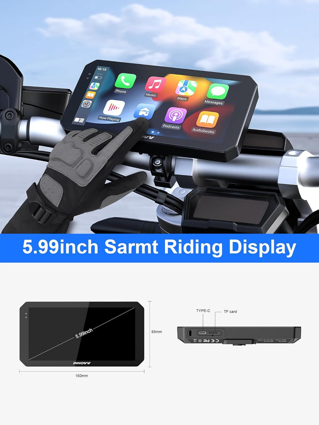 INNOVV N2 Motorrad CarPlay Display, 6 Zoll HD Touchscreen Kabelloses CarPlay & Android Auto, Doppelk