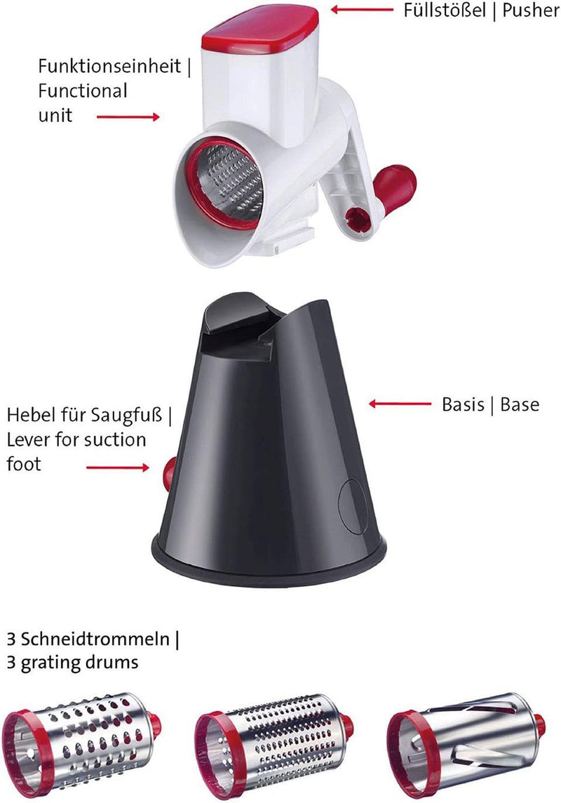 Westmark Reibemaschine mit 3 Schneidtrommeln, Trommelreibe/-hobel, Grosser Saugfuss, Höhe: 26,5 cm,