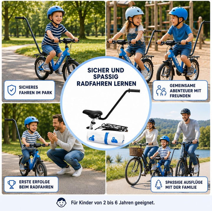 Puky Fahrradlernhilfe Sattel mit Schiebestange Schwarz & Windel Blaubaer | Schnelle Montage, Balance
