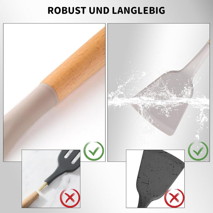 Küchenhelfer Set Silikon - 12 Stück Küchenutensilien Set aus Silikon und Holzgriffen, Hitzebeständig