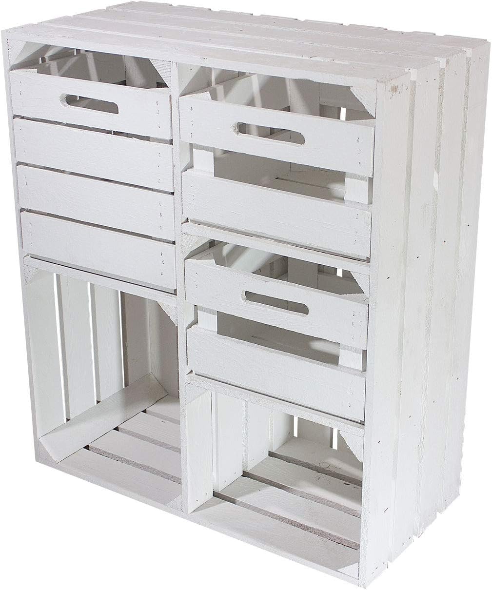 2er Set Weisser Holzschrank mit 3 Schubladen 77cm x 68cm x 35cm Regalsystem Vintage Massive Obstkist