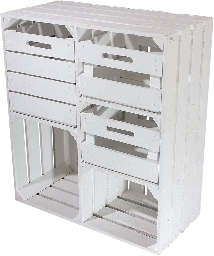 2er Set Weisser Holzschrank mit 3 Schubladen 77cm x 68cm x 35cm Regalsystem Vintage Massive Obstkist