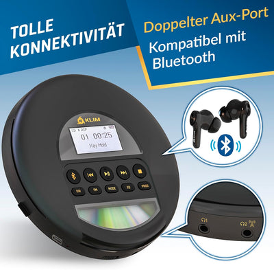 KLIM Nomad CD Player Bluetooth - Tragbarer CD-Player Discman mit langlebigem Akku - Inklusive Kopfhö