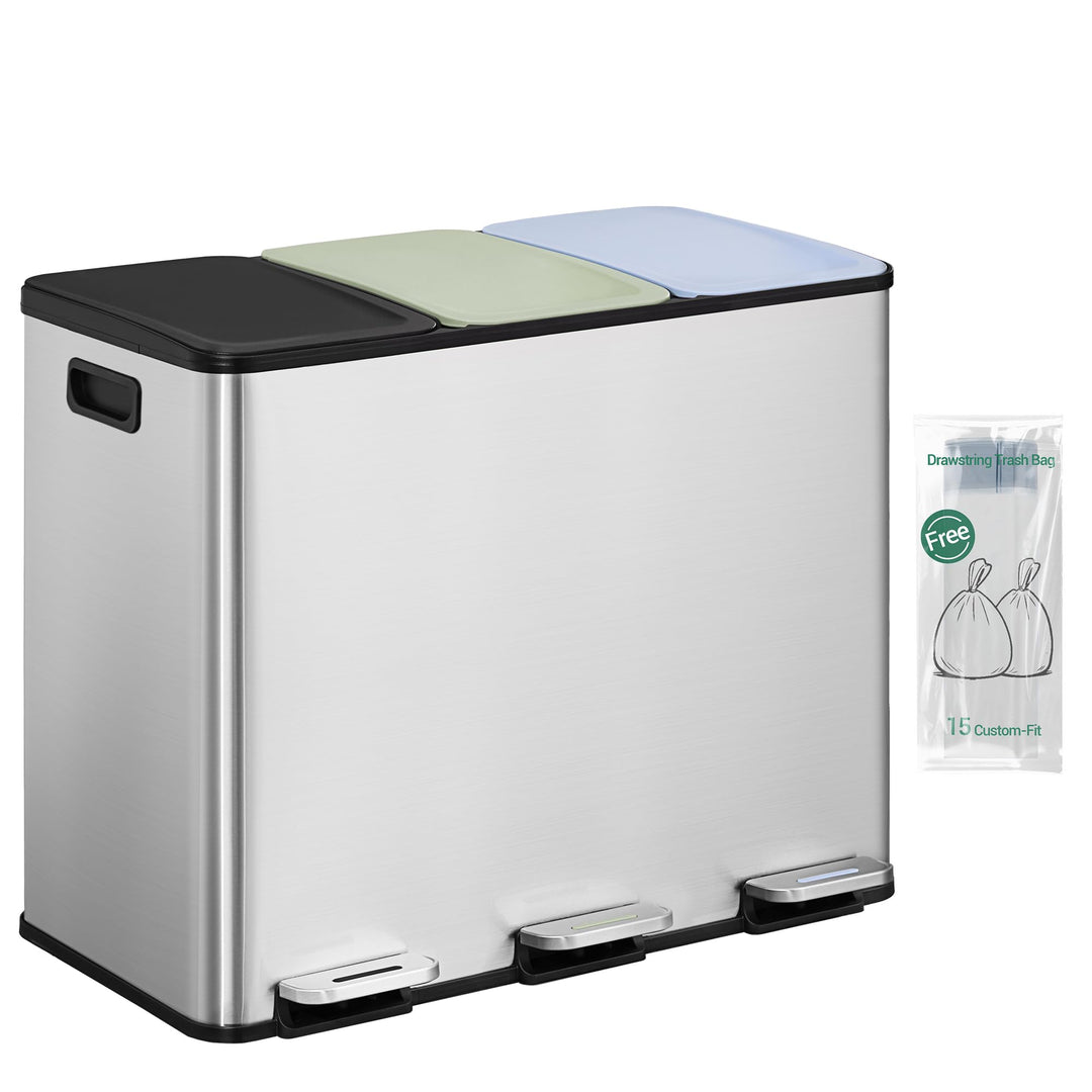 Hzuaneri Mülleimer Küche, 3 x 18 L, Mülltrennsystem 3 Fächer, Mülleimer mit Farbigem Soft-Close-Deck