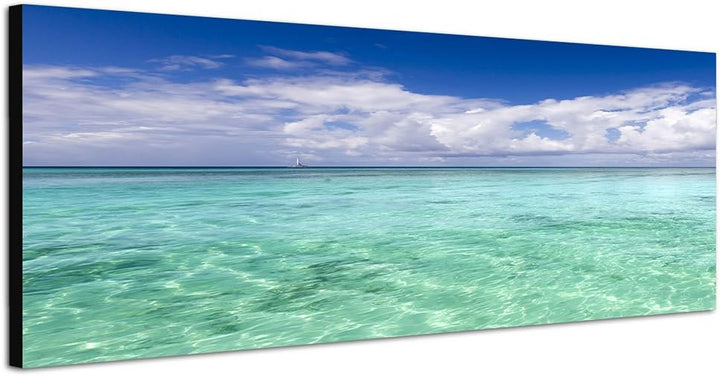 Paul Sinus Art Panoramabild auf Leinwand und Keilrahmen 150x50cm Strand Meer Lagune Wolken Horizont