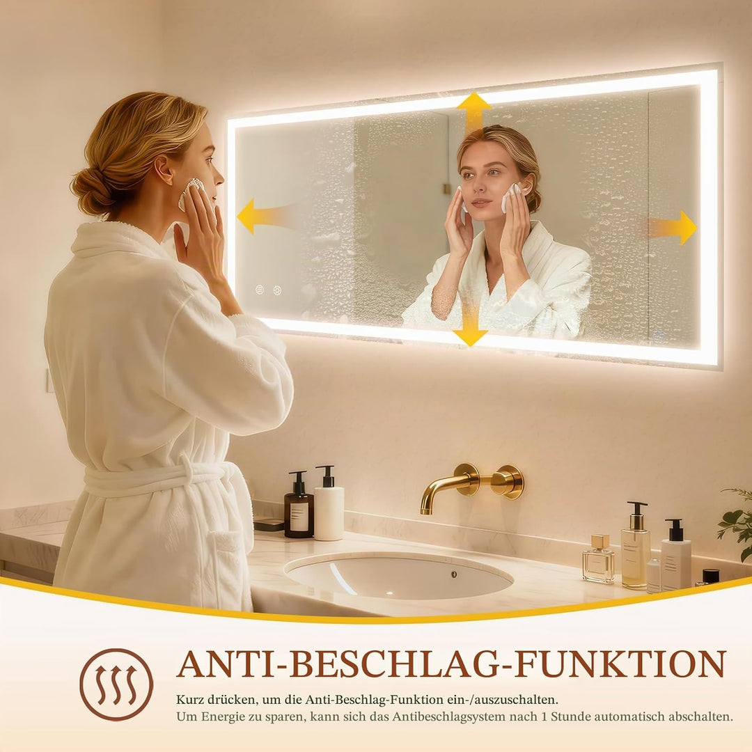 Clevich Badspiegel mit Beleuchtung 120×60 cm, LED Spiegel mit 3 Lichtfarben Dimmbar, Gehärtetes Glas