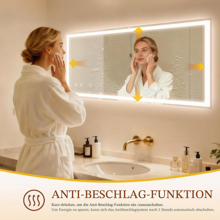 Clevich Badspiegel mit Beleuchtung 120×60 cm, LED Spiegel mit 3 Lichtfarben Dimmbar, Gehärtetes Glas